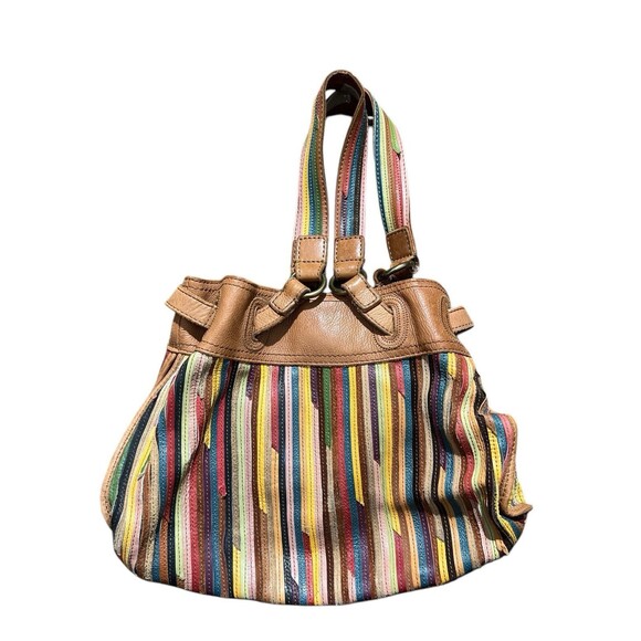 Lucky Brand Cognac Pebble Grain Leather Hobo Shoulder Bag Purse Colorful - Picture 1 of 14